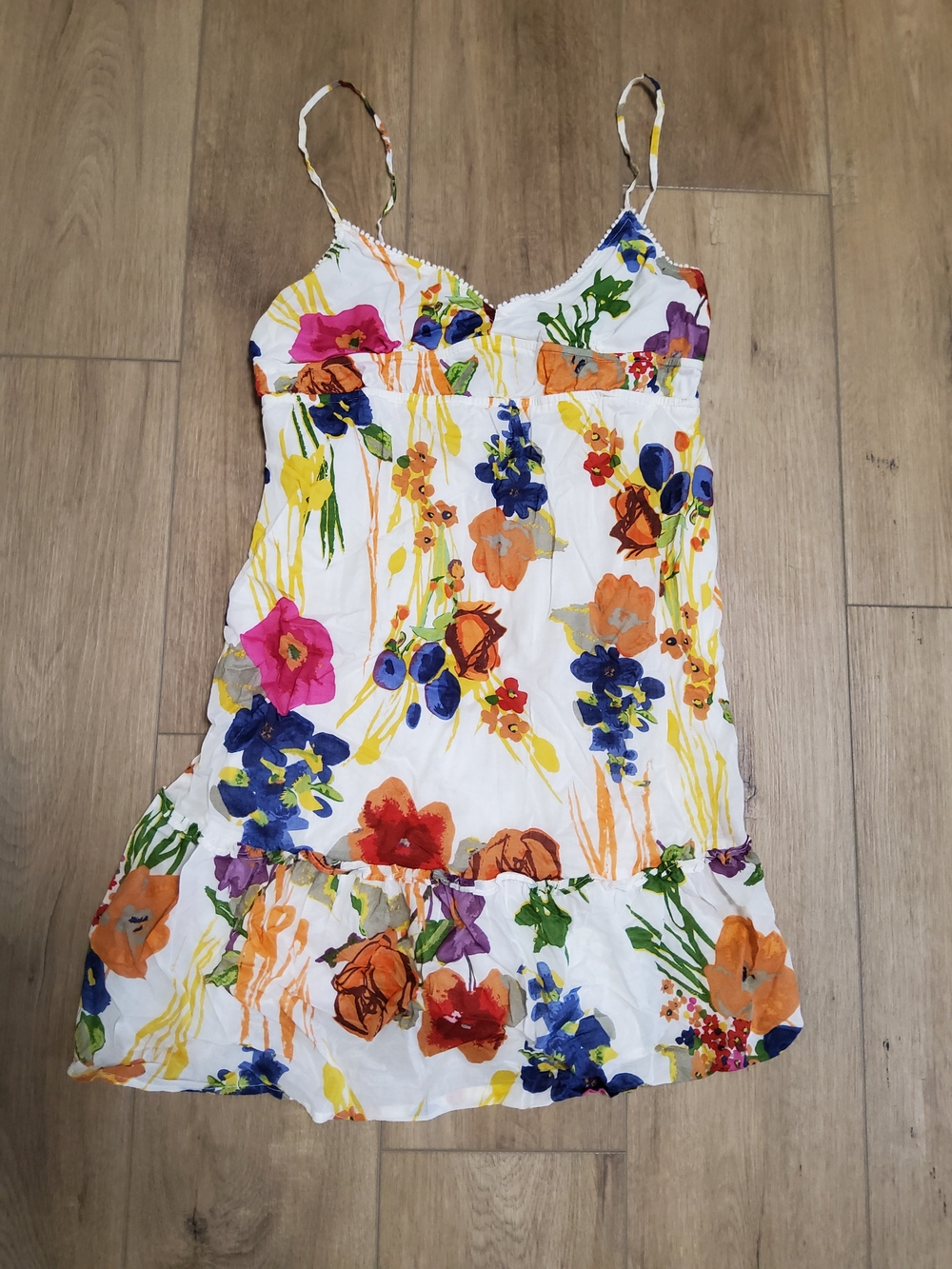 Y2K American Eagle Tropical Floral Spring Ruffle Hem A-Line Dress